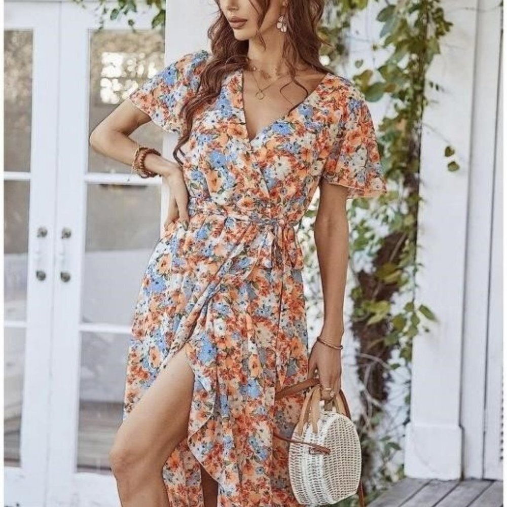 PRETTYGARDEN 2023 Floral Summer Dress Wrap Short Sleeve Dress NWT Small 4 to 6
